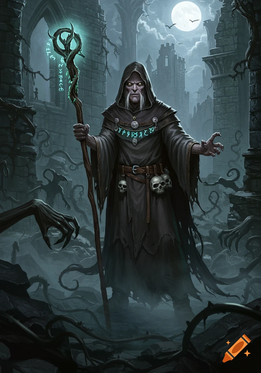 An old wizard in dark robes holds a glowing runic staff, surrounded by skeletal hands in a ruined, moonlit gothic setting.