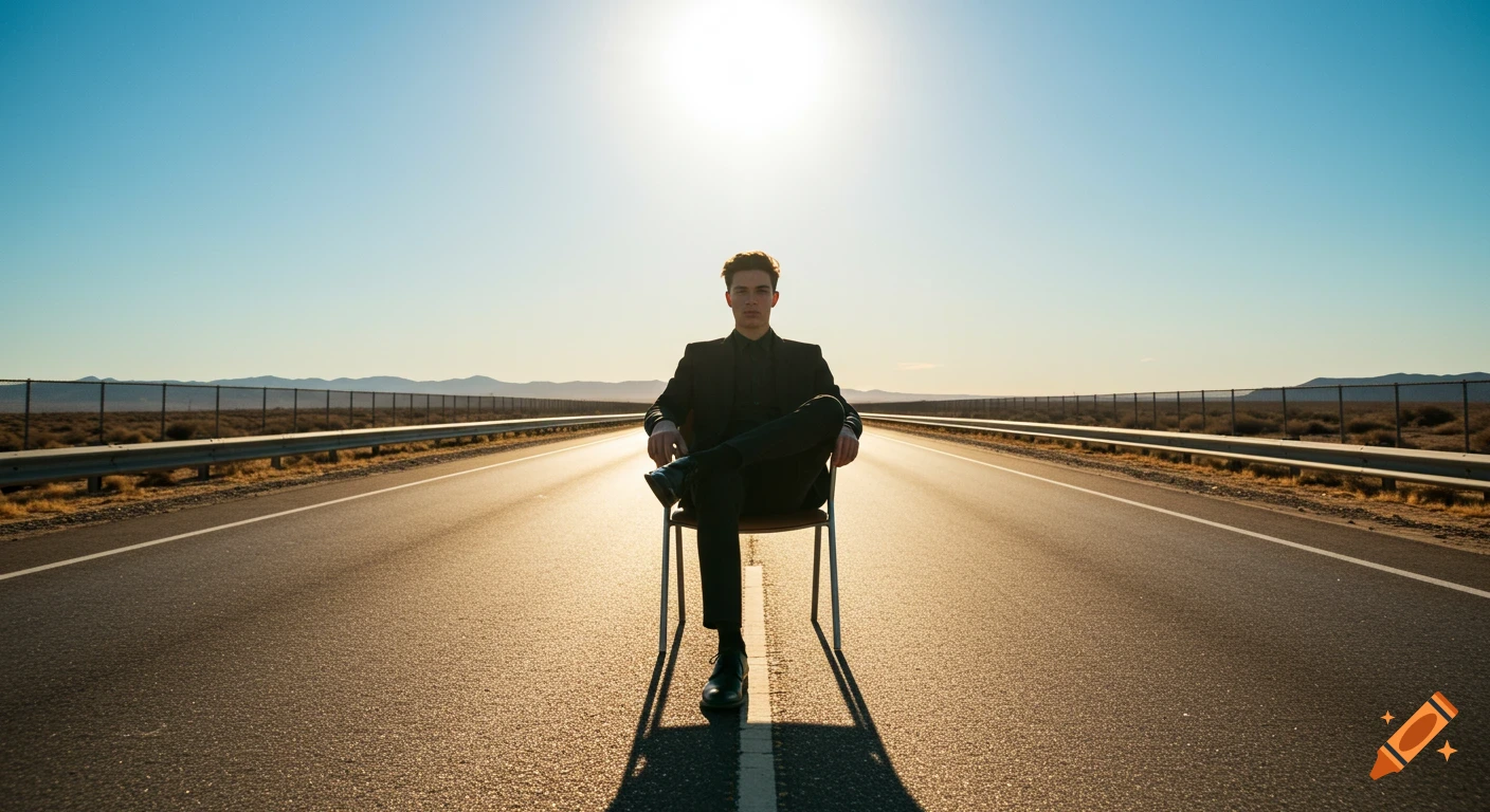 A man in a black suit sits on a chair in the middle of a deserted highway under a bright, sunny sky, looking at the camera.