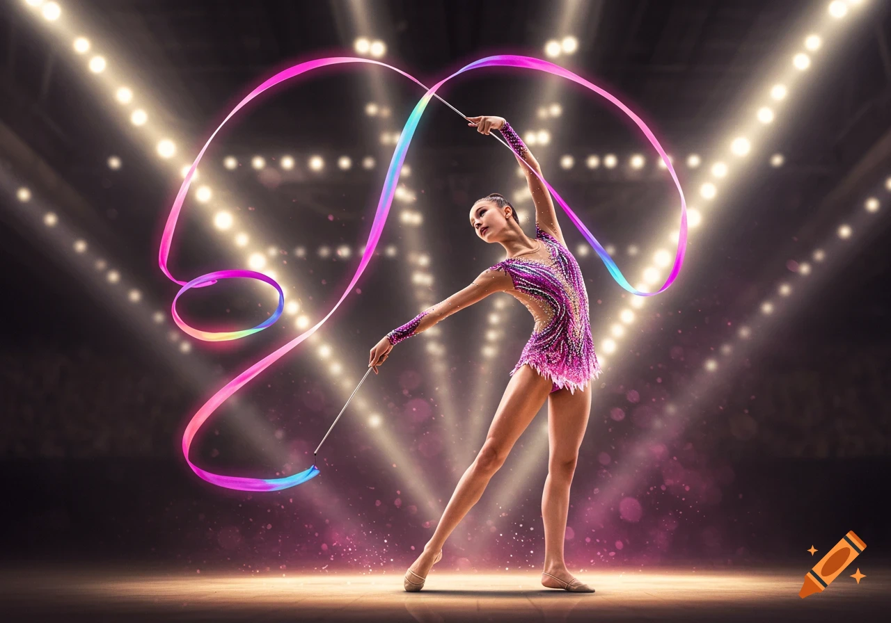 Digital art of an artistic gymnast in a pink and purple leotard performing with a flowing, colorful ribbon on a spotlighted stage.