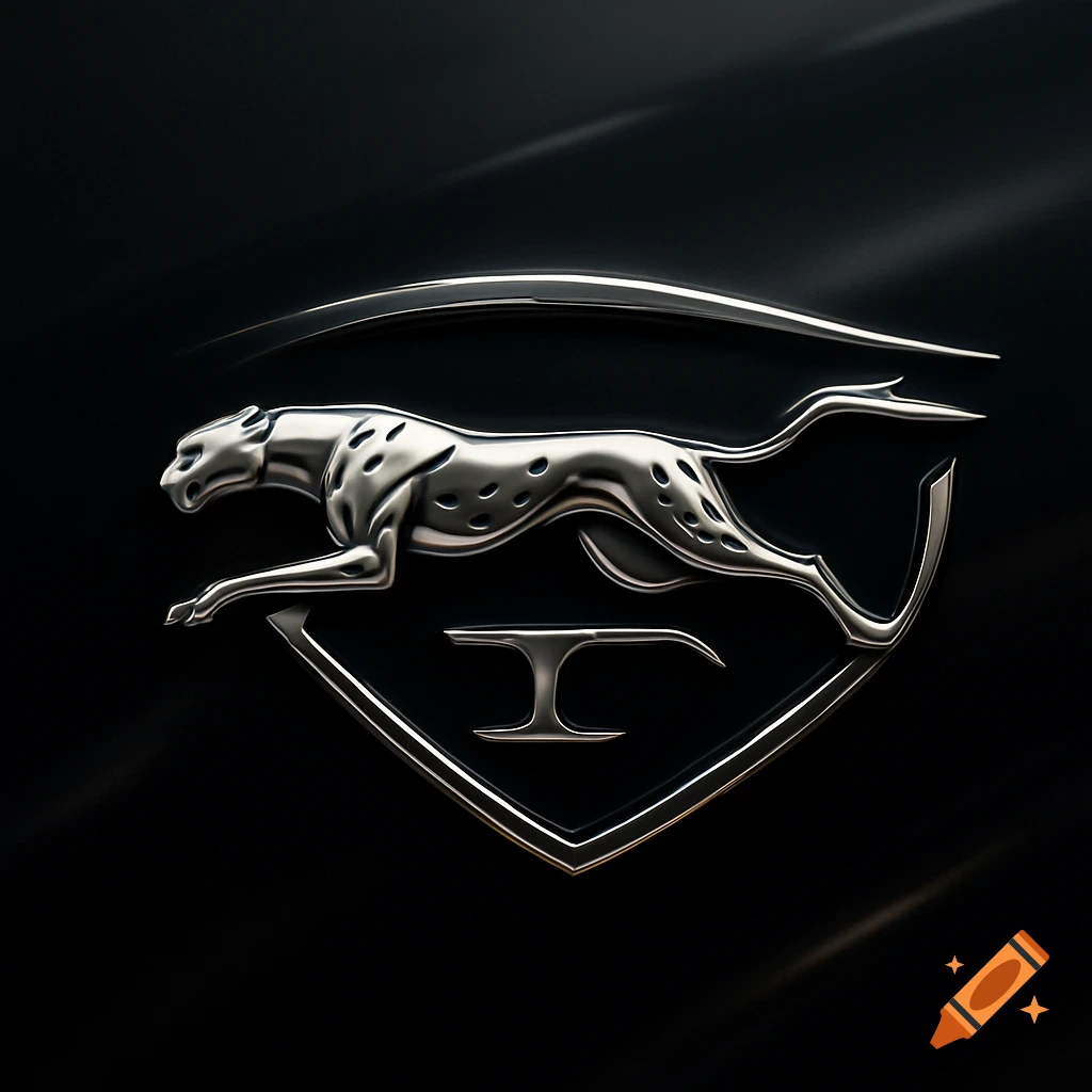 A metallic cheetah logo, stylized as a car emblem within a shield-like design, set against a dark background.
