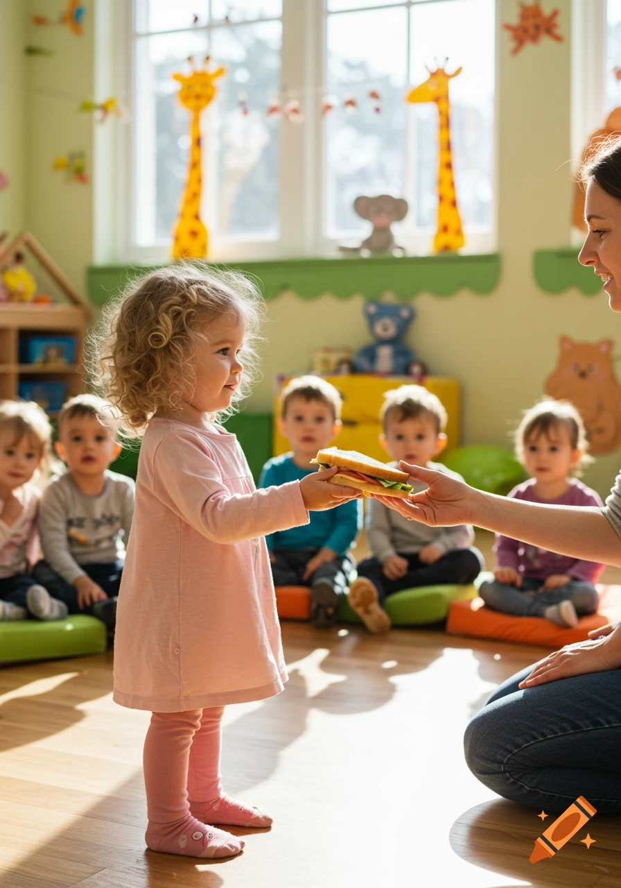 A little girl in a pink dress receives a sandwich from an adult in a brightly lit daycare classroom, with other children sitting in the background.