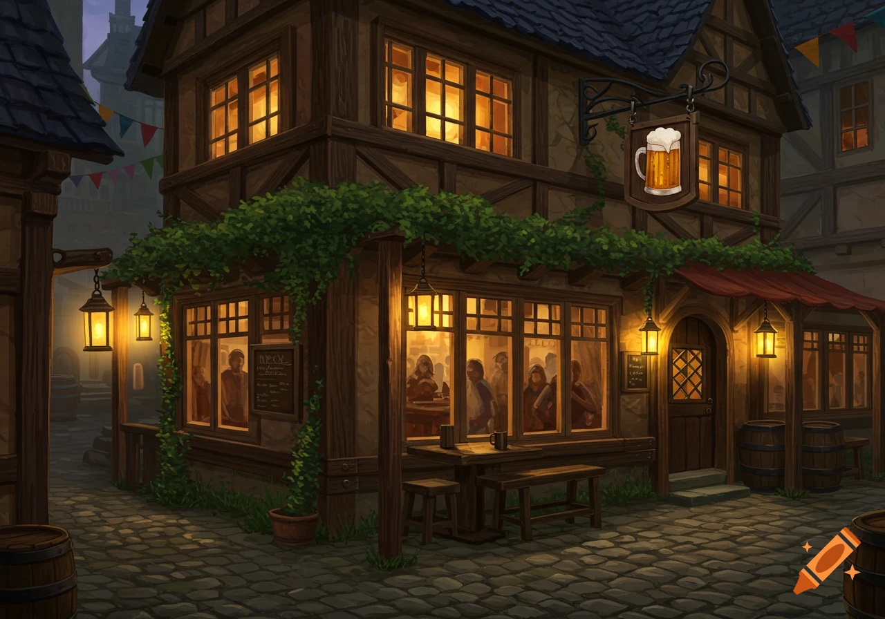 An illustration of a cozy, rustic tavern at dusk, with warm lights glowing from its windows, and a hanging sign depicting a frothy beer mug. People are visible inside through the windows, and barrels sit outside on the cobblestone street.