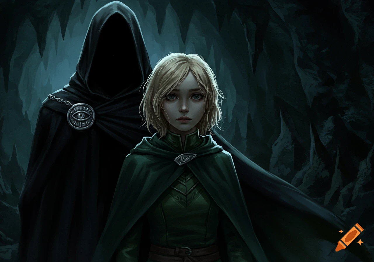 A blonde girl in a green cape stands in a dark cave, with a faceless cloaked figure behind her, a silver eye brooch on its cloak.