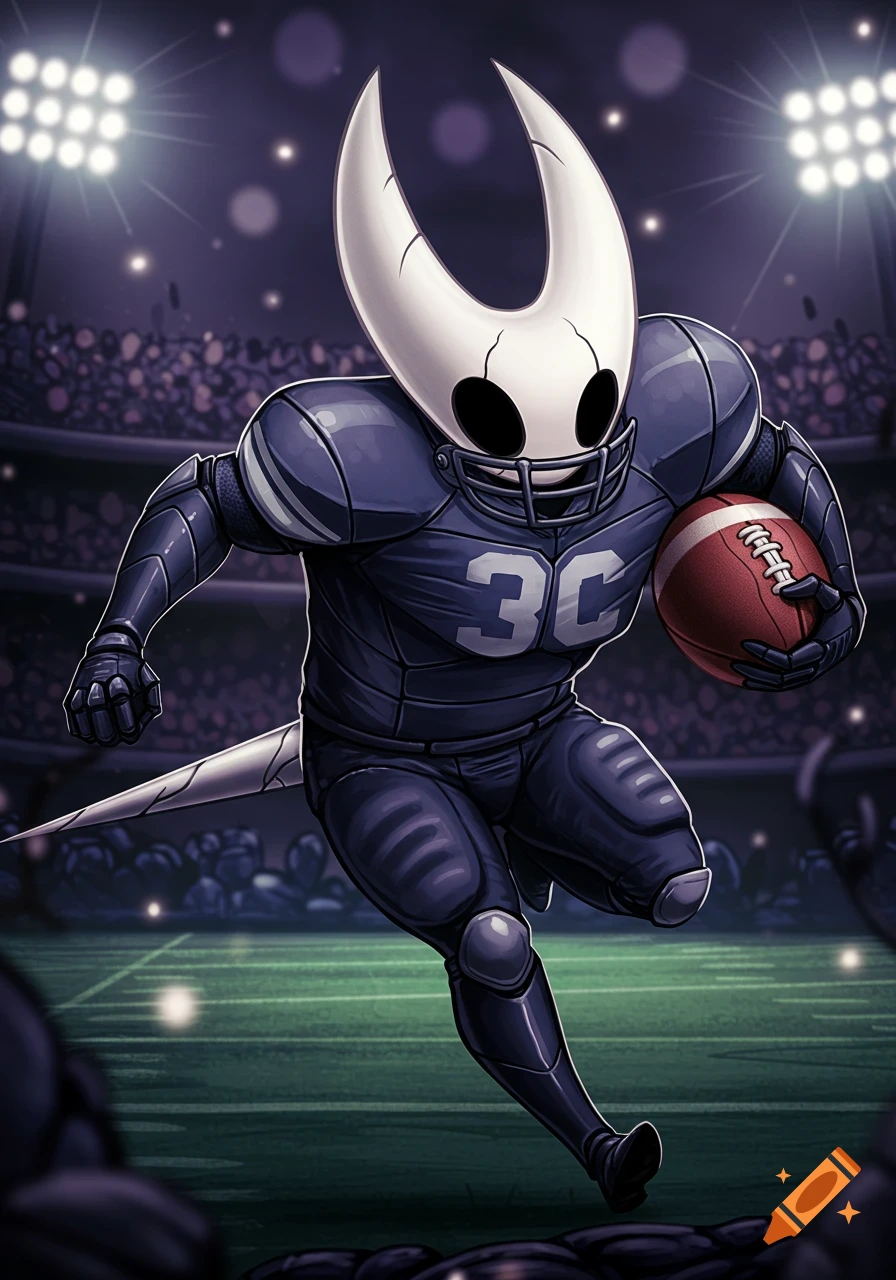 Hollow Knight character in a blue football uniform running with a football on a stadium field at night.