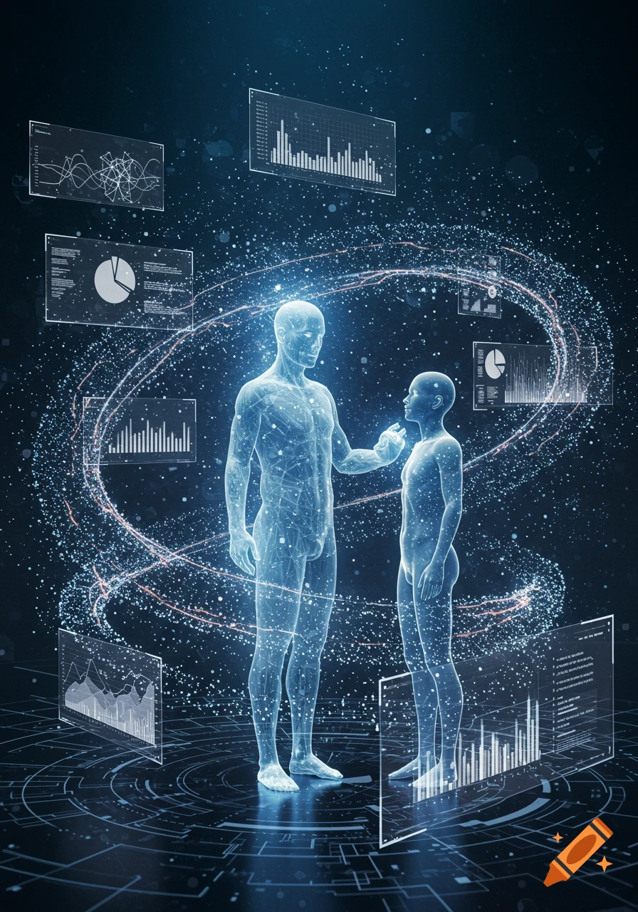 Two glowing wireframe human figures in a dark digital space with orbiting data and holographic screens displaying graphs.