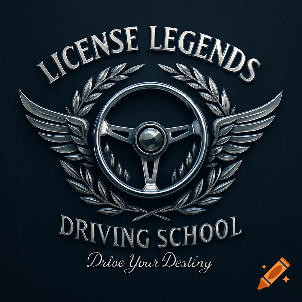 Metallic logo for License Legends Driving School with a steering wheel, wings, and laurel wreaths on a dark background.