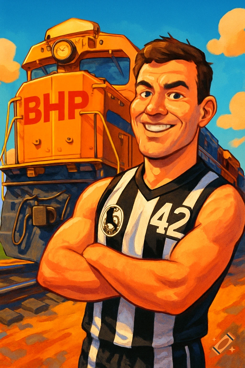Cartoon illustration of a smiling man in a black and white striped Collingwood Magpies jersey with number 42, standing in front of a yellow BHP locomotive on tracks.