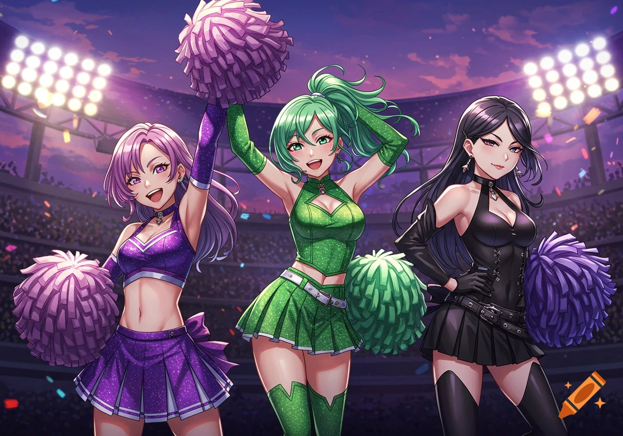 Anime-style cheerleaders Rumi (purple), Zoey (green), and Mira (black) pose with pompoms in a stadium.