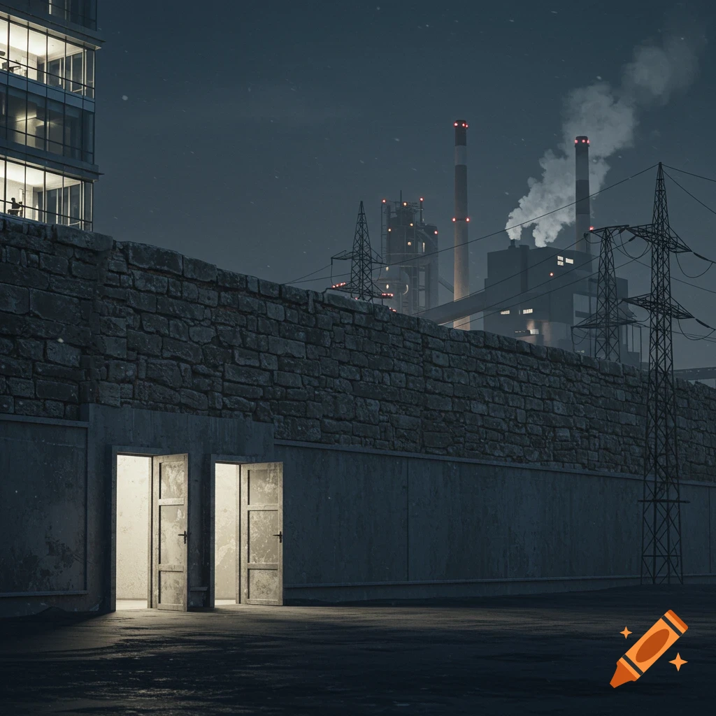 A night scene featuring a stone wall with two glowing open doors, a modern building on the left, and a large power station with smoking chimneys and power lines in the background, under a dark sky.