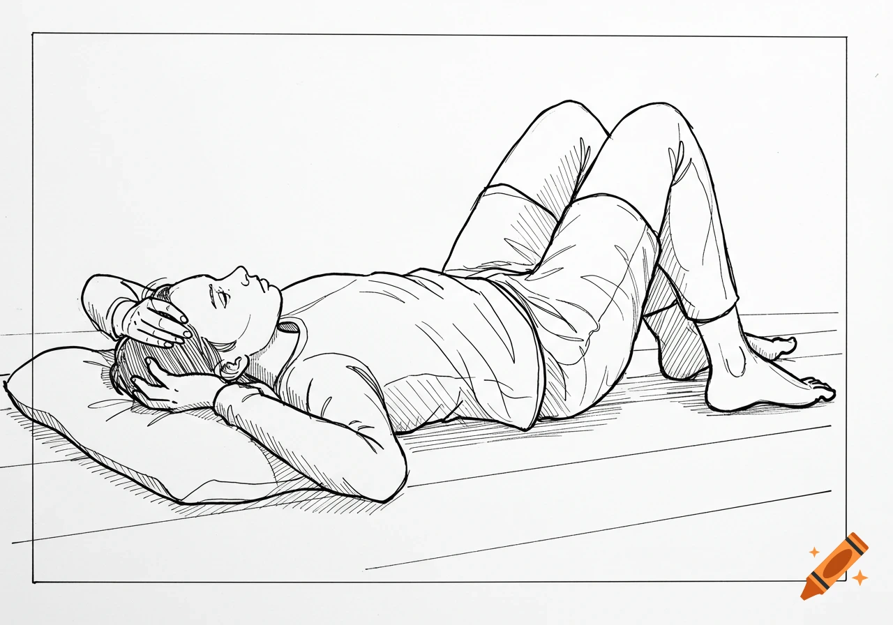 A simple black and white line drawing of a person lying on their back on the floor, hands behind their head, knees bent.