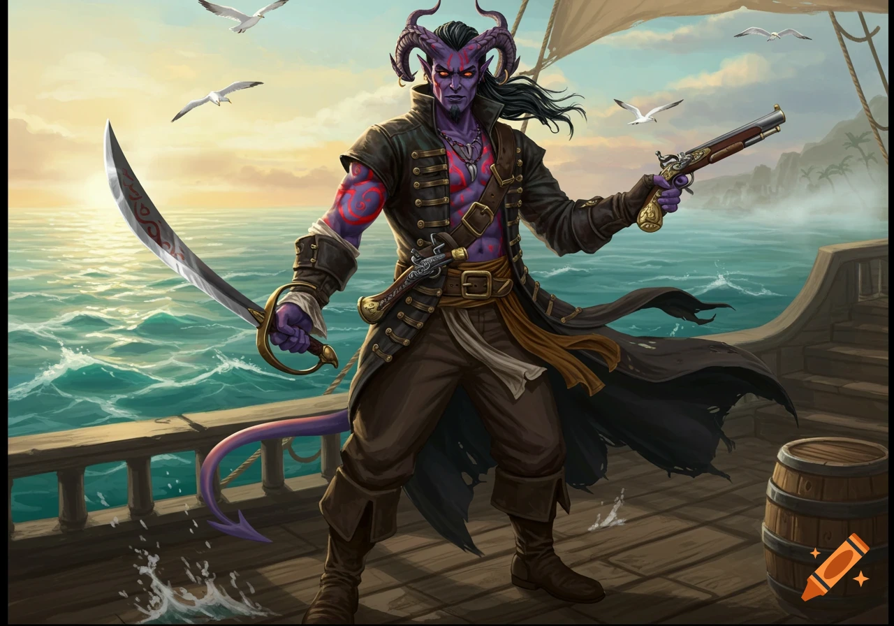 A detailed digital painting of a purple-skinned Tiefling pirate on a ship at sea, holding a scimitar and a flintlock pistol.