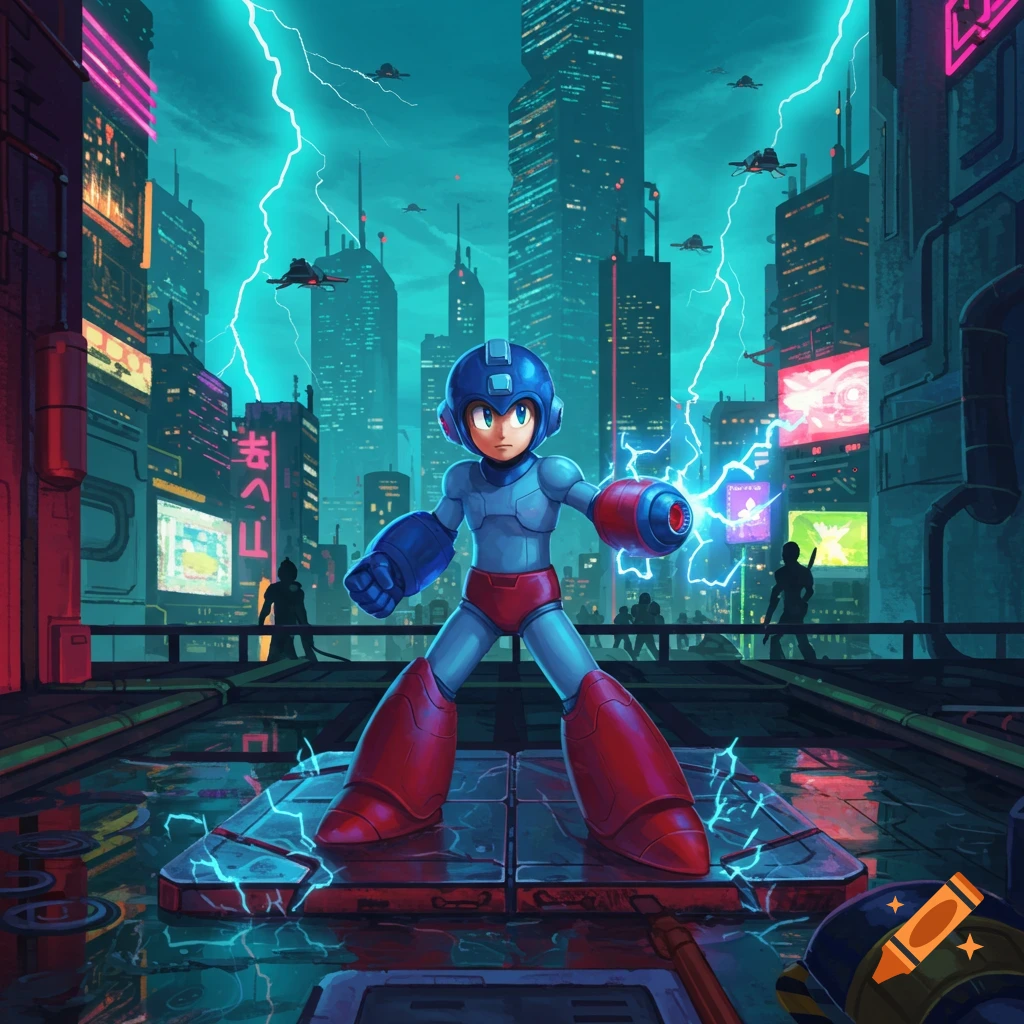 Mega Man stands in a neon-lit cyberpunk city with lightning bolts in the sky, ready to battle.