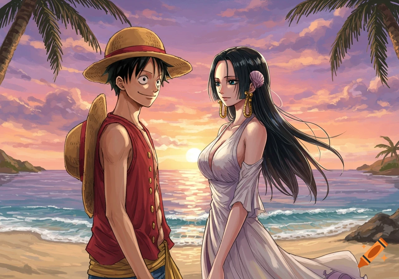 Anime characters Luffy and Hancock on a beach at sunset, looking at each other.