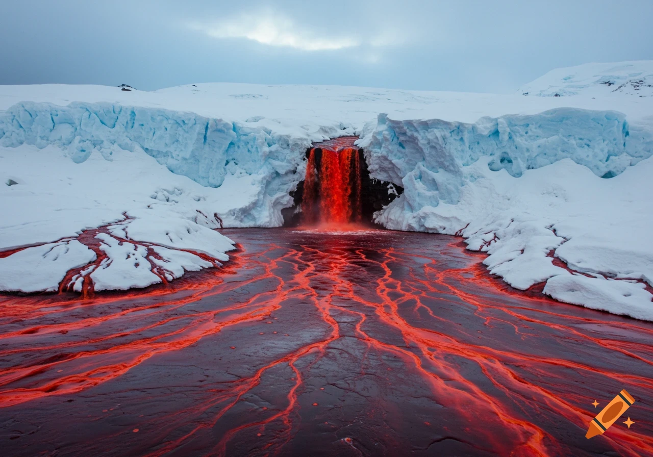 Photorealistic image of a red waterfall (Blood Falls) flowing from a blue-white glacier into a dark, red-streaked river in a snowy Antarctic landscape.