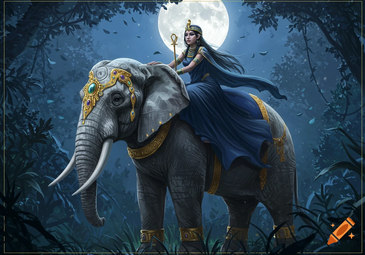 A goddess rides a jeweled elephant through a moonlit jungle.