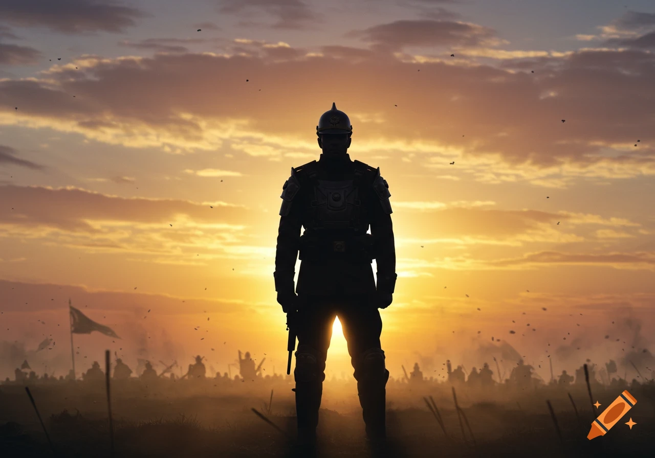 Silhouette of a soldier in a historical uniform standing on a battlefield against a vibrant sunset sky, with distant troops.