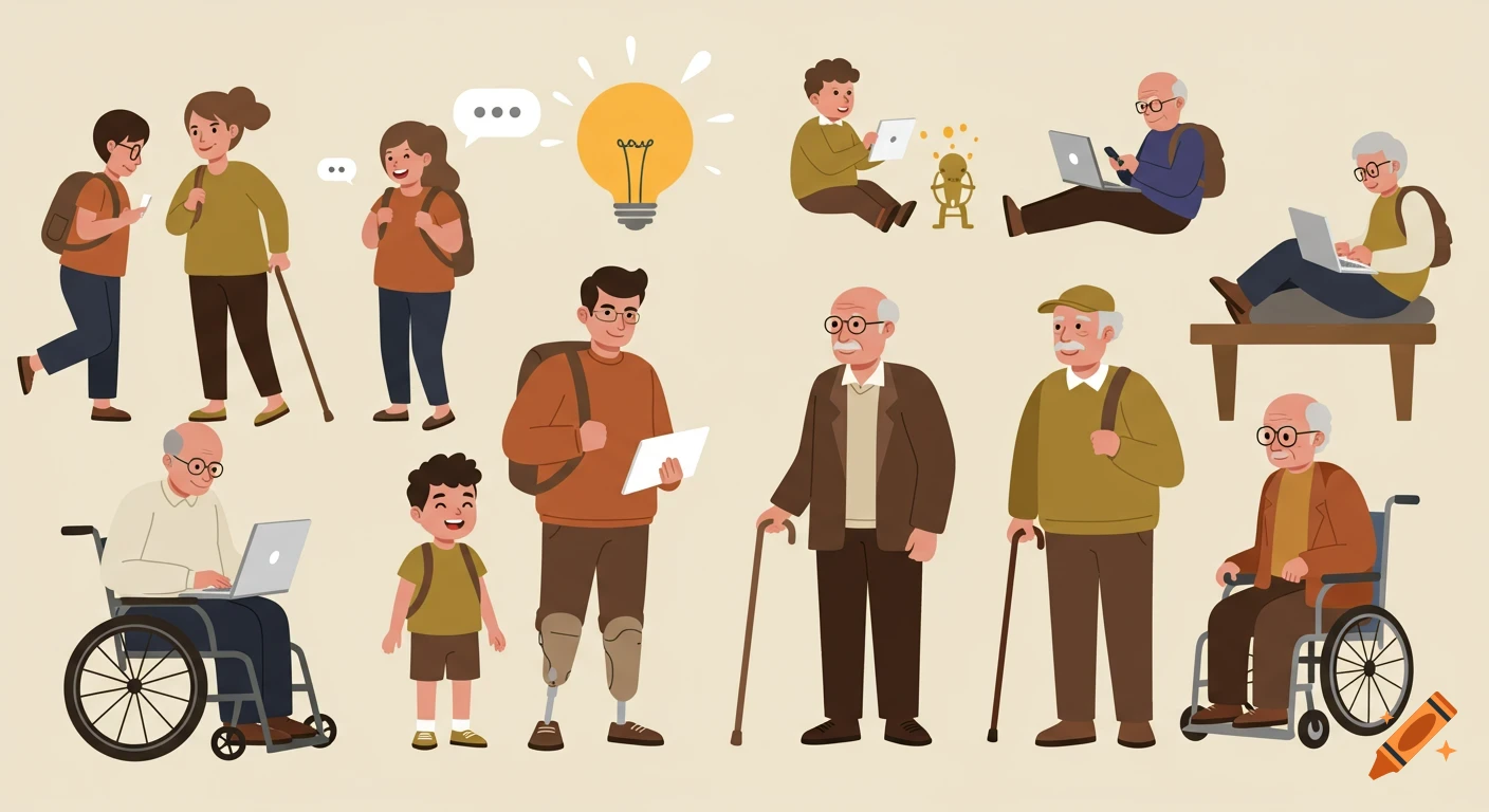 An inclusive illustration featuring diverse people of all ages, including those with disabilities, interacting with technology against a neutral background.
