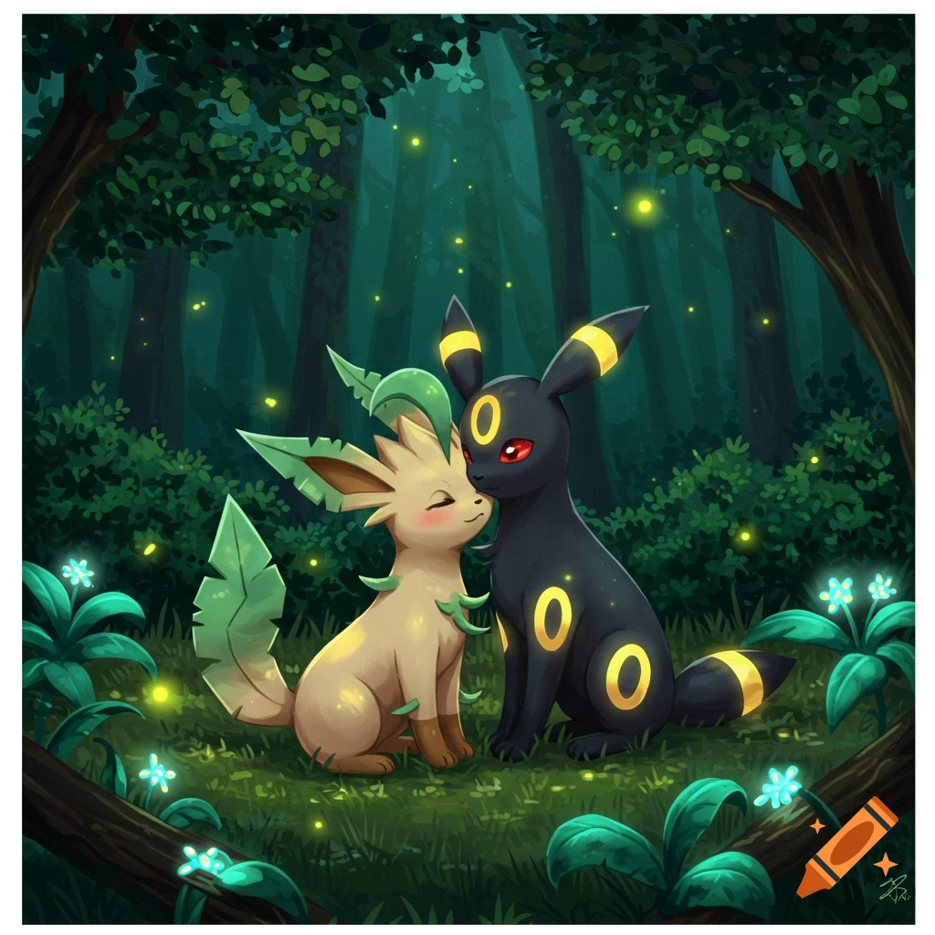Leafeon and Umbreon nuzzle lovingly in a dark, magical forest illuminated by fireflies and glowing flowers. Illustrated style.