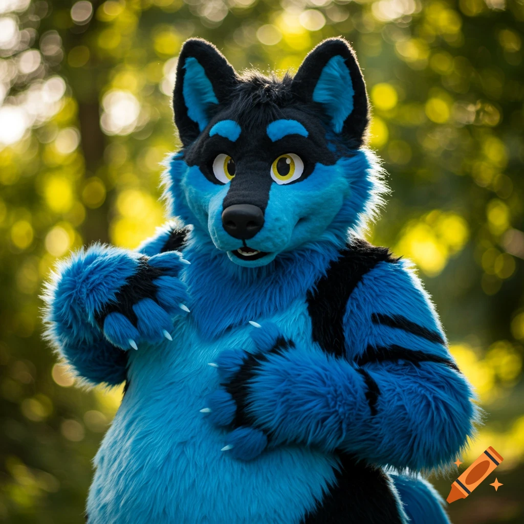 Close-up portrait of a person in a blue and black wolf fursuit with yellow eyes, standing outdoors in a lush green environment.