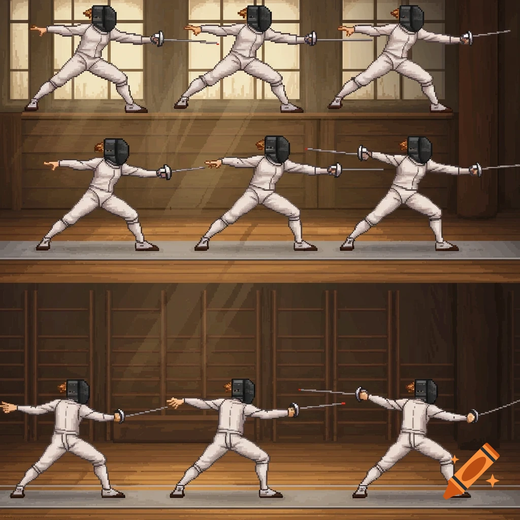Pixel art sprite sheet showing nine fencers in white uniforms and black masks in various action poses, against a wooden background.