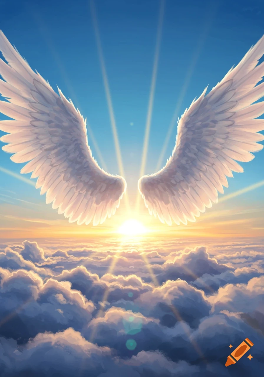 Two large white wings spread above a beautiful sky with sunrays breaking through clouds at sunrise.