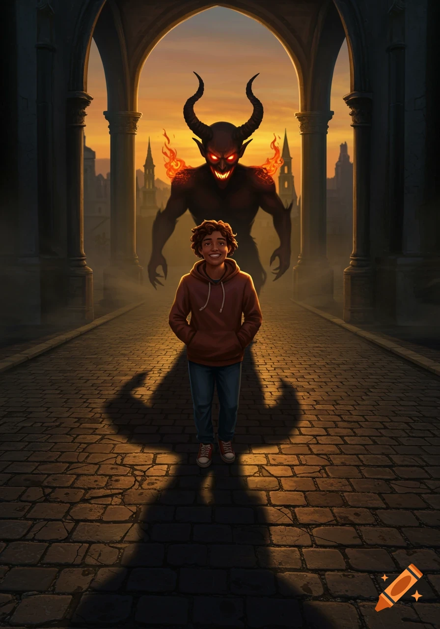 A young person smiles as a horned demon with glowing eyes and flames appears as their shadow under stone arches at sunset.