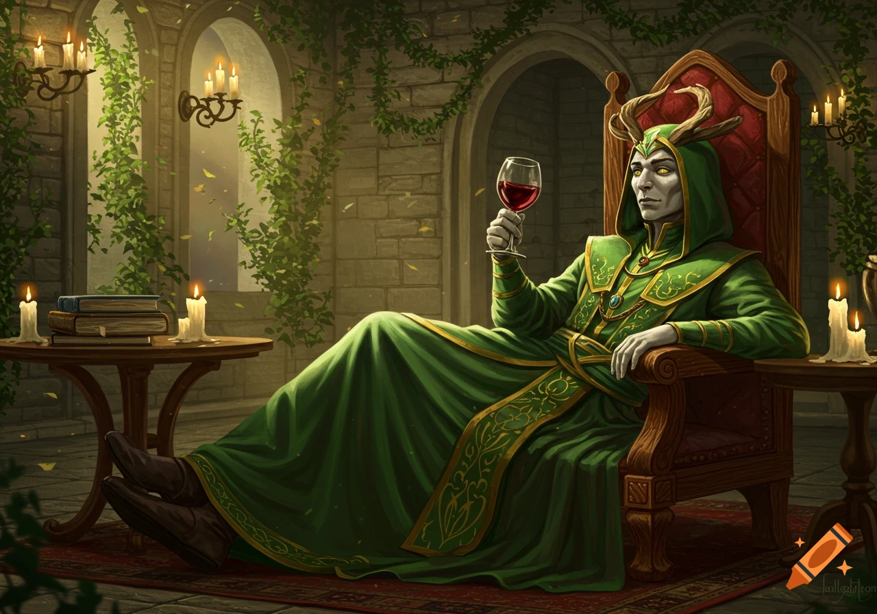 A horned, elf-like figure in ornate green robes sits on a red throne, holding a glass of red wine in a candlelit stone room with ivy.