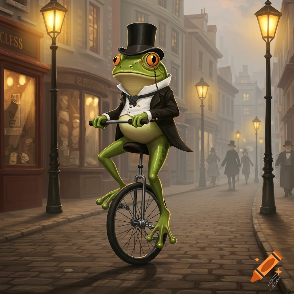 A dapper frog in a top hat and monocle rides a unicycle down a gaslit, cobbled Victorian street past shops.