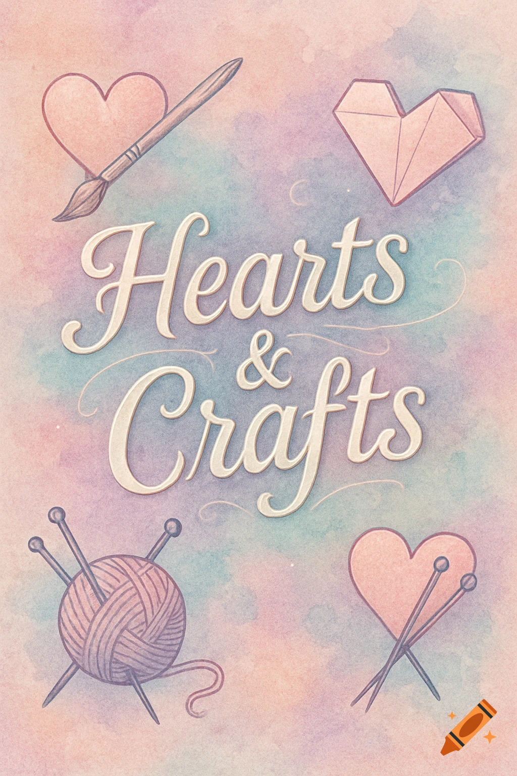 Watercolor illustration with 'Hearts & Crafts' text, a paintbrush, origami heart, yarn with knitting needles, and an outlined heart on a pastel background.