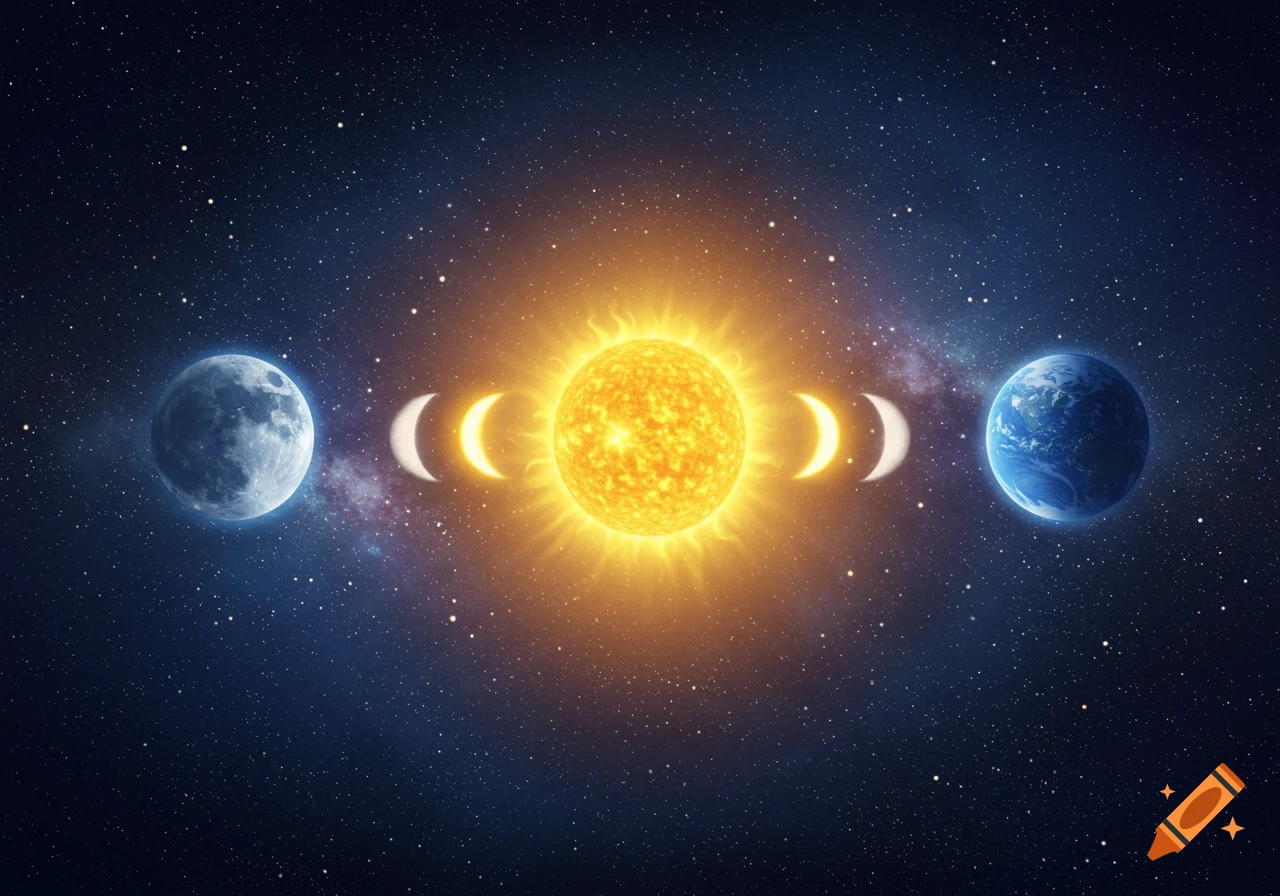 The sun, Earth, and full moon align in deep space, flanked by crescent moons, against a backdrop of numerous stars.