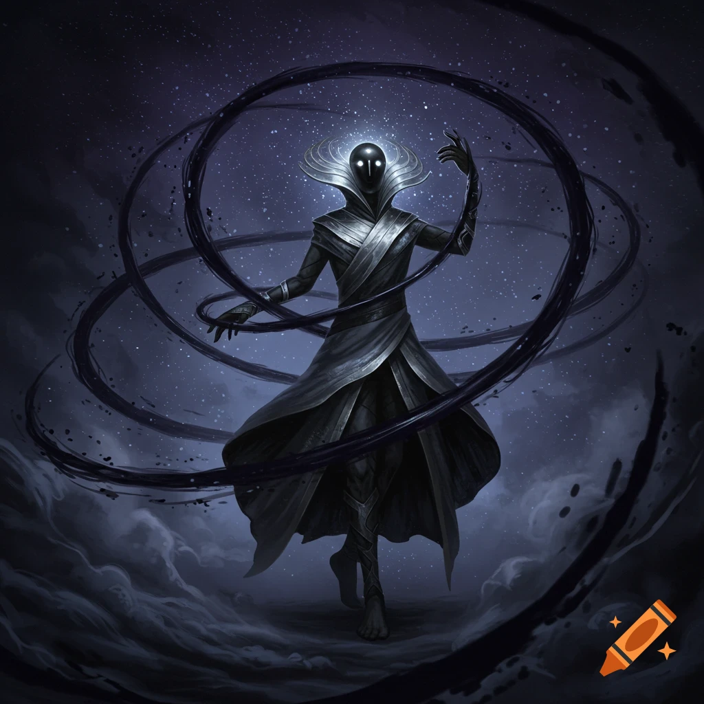 A dark, ethereal figure with glowing eyes and a halo-like collar stands amidst swirling black tendrils and cosmic clouds.