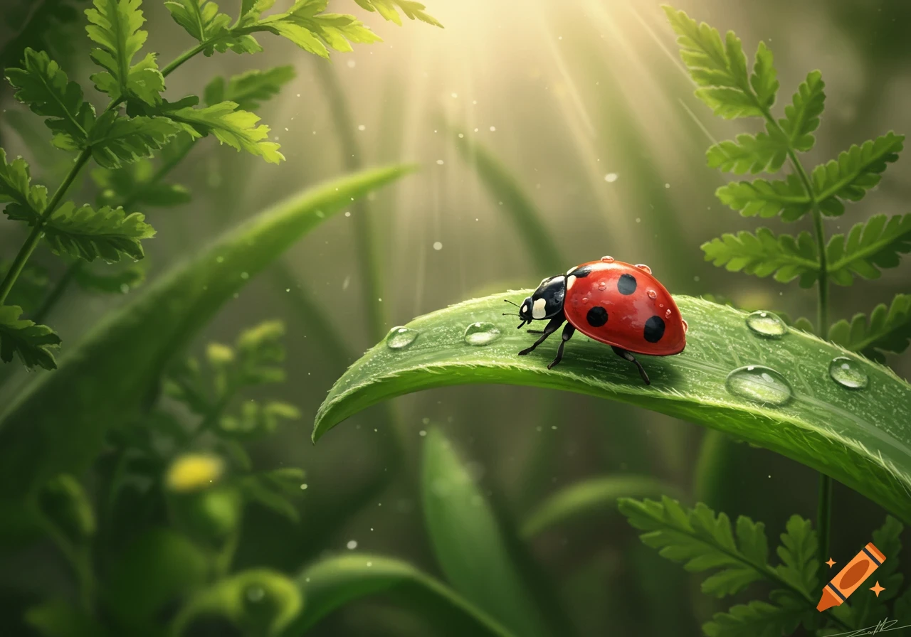 A vibrant red and black ladybug with water droplets rests on a large green leaf, surrounded by lush foliage and soft sun rays filtering through.