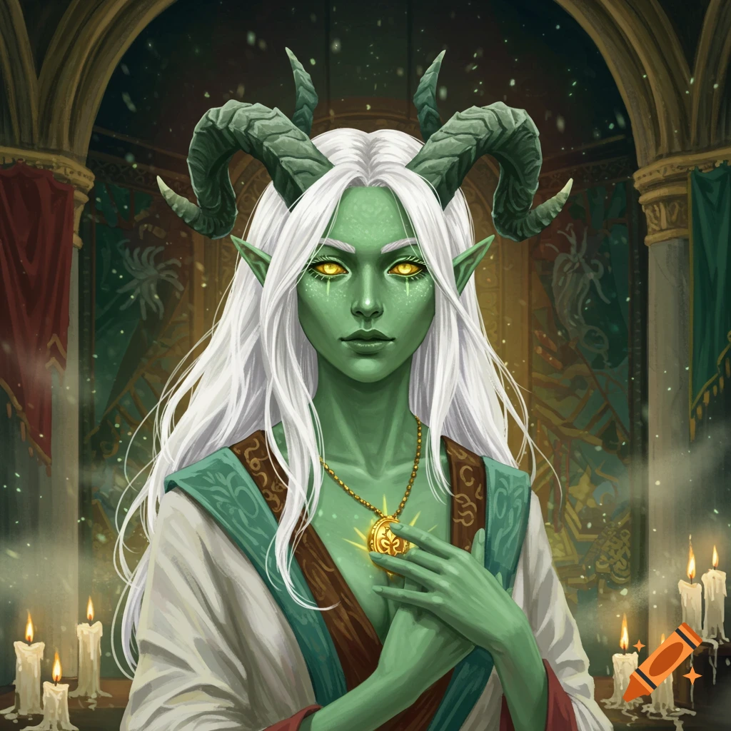A green-skinned fantasy character with large horns, white hair, and glowing golden eyes wears a white robe and a golden locket, surrounded by candles.