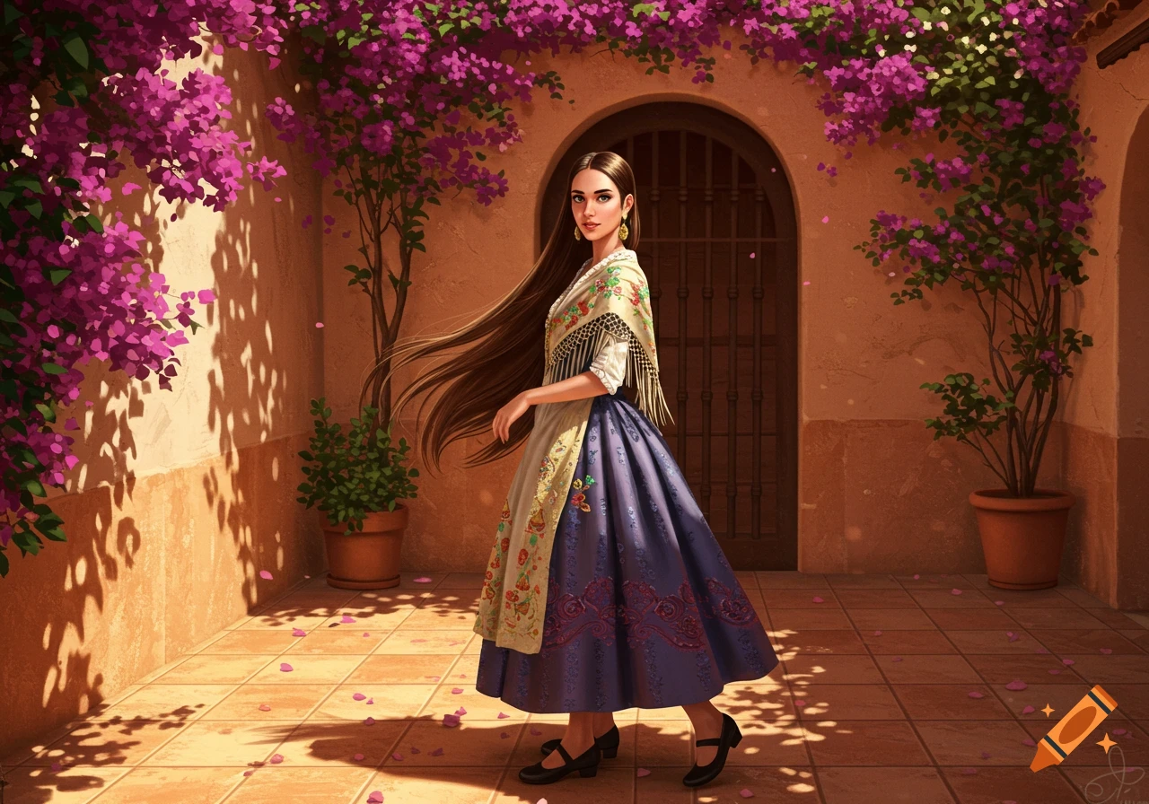 Digital illustration of a young woman in a traditional patterned dress and shawl, posing in a sunny courtyard with purple bougainvillea vines.