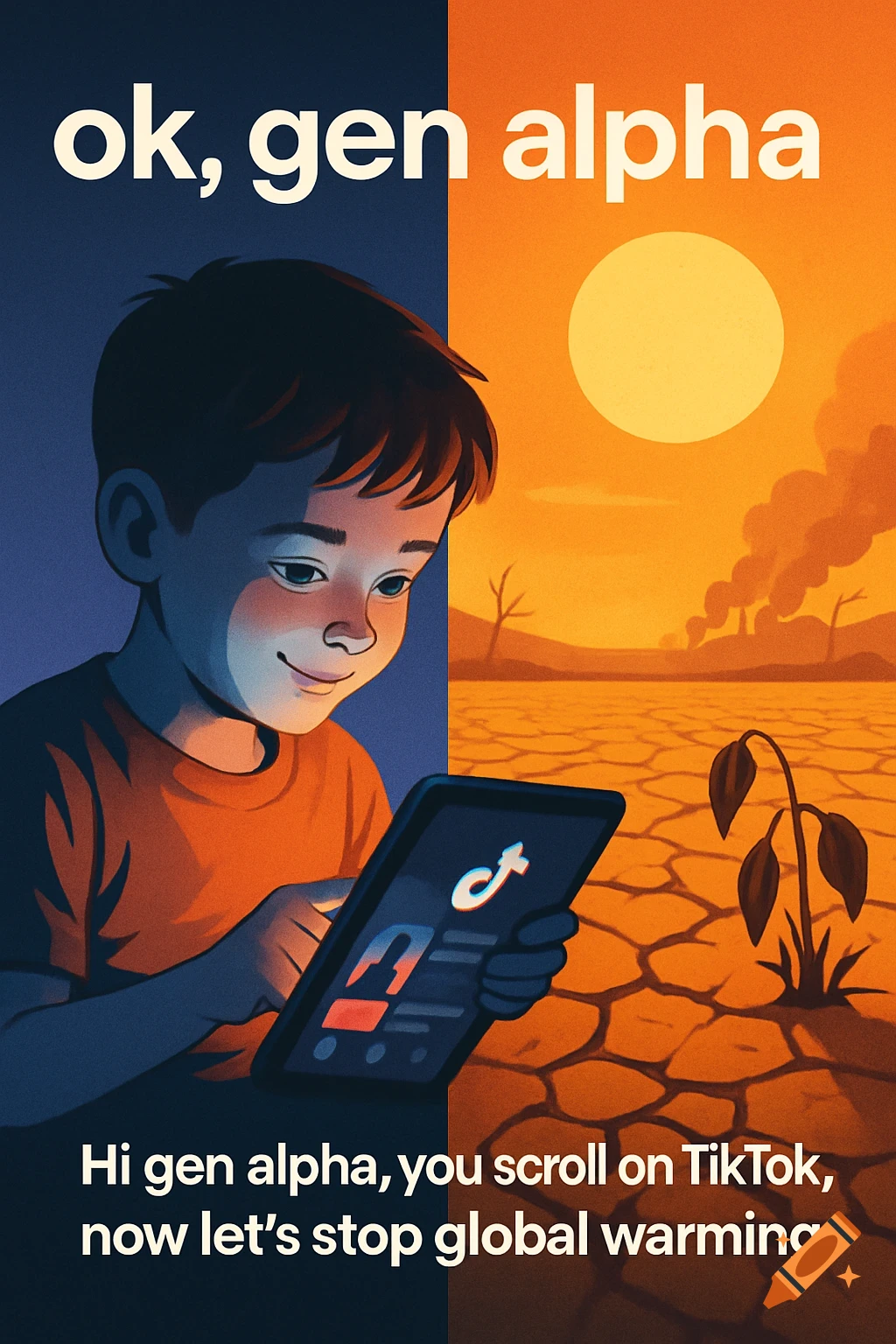 An illustration split: a child using a tablet and a global warming-affected desert. Text reads "ok, gen alpha" and "Hi gen alpha...".