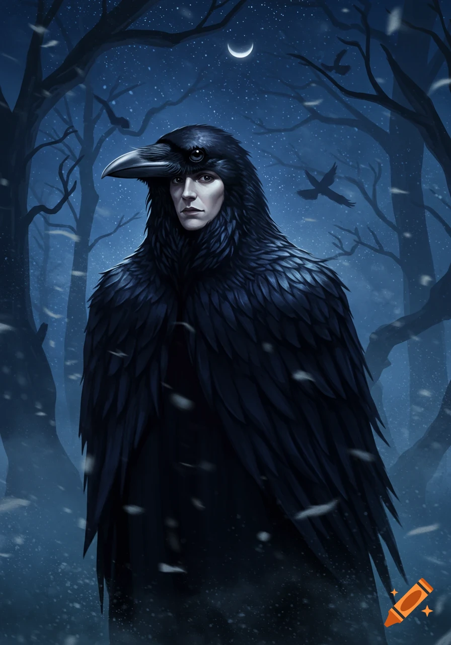 A striking digital painting of a man's face emerging from a crow's head and feathered body, standing in a dark, snowy winter forest.
