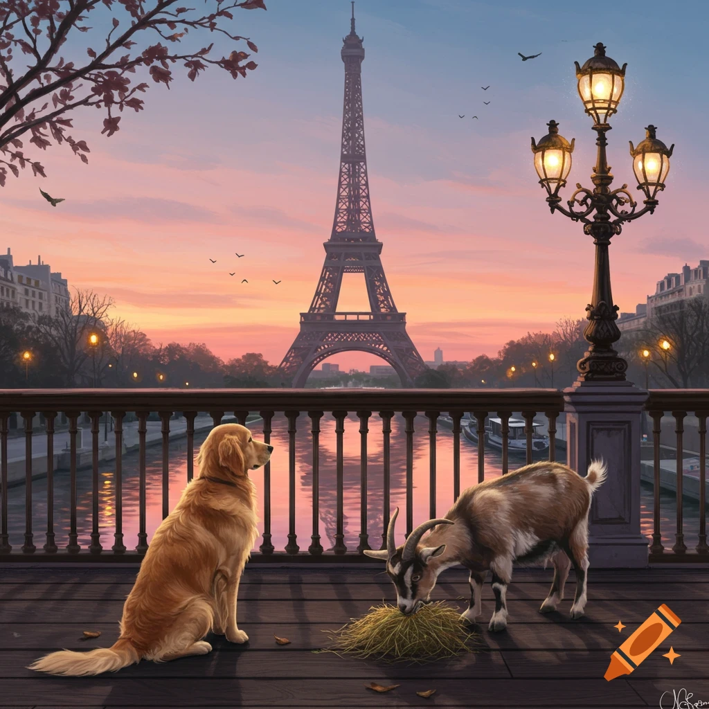 A golden retriever and a goat on a Parisian bridge at sunset, with the Eiffel Tower in the background. Digital painting.