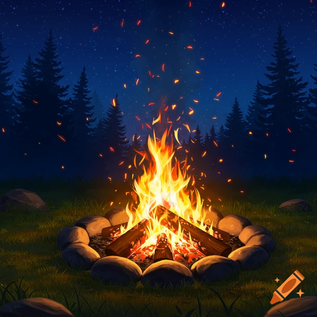An illustrative image of a bright campfire surrounded by rocks in a dark forest under a starry night sky.