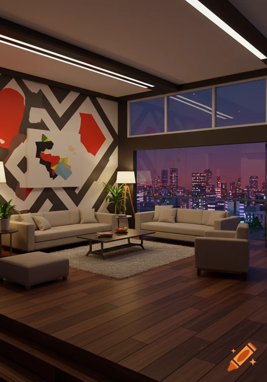 A modern living room with sofas, a coffee table, and an ottoman, featuring abstract wall art and a large window overlooking a city skyline at dusk.