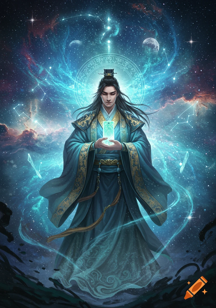 A male Chinese cultivator in blue robes holds a glowing object amidst a cosmic background with stars, planets, and constellations in a fantasy style.