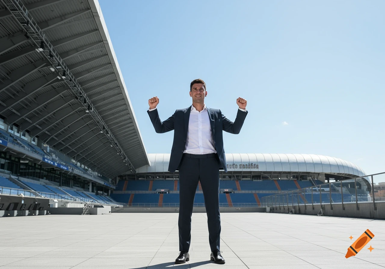 A man in a suit with fists raised in triumph stands on a stadium rooftop under a clear sky, photorealistic.