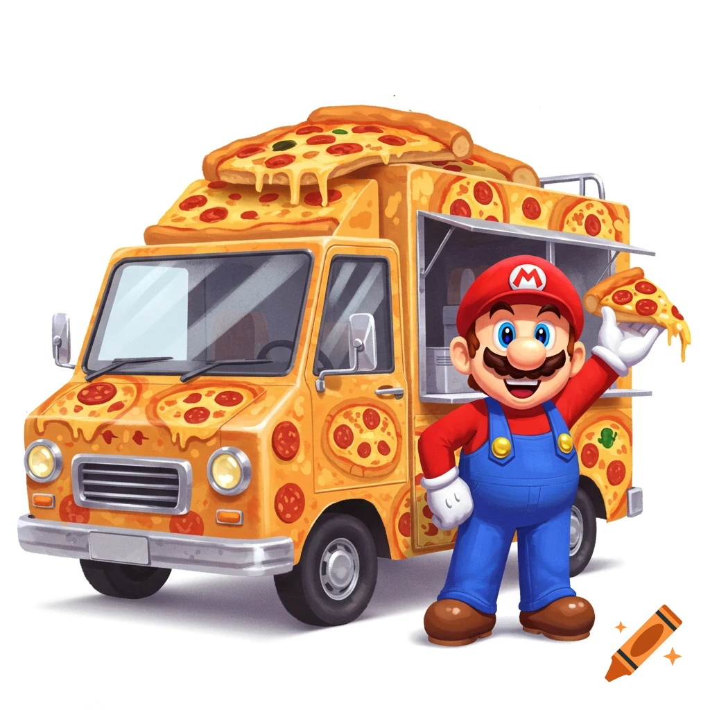 Cartoon Mario smiles next to a yellow pizza food truck, holding a slice of pizza. Pizzas adorn the truck's exterior.