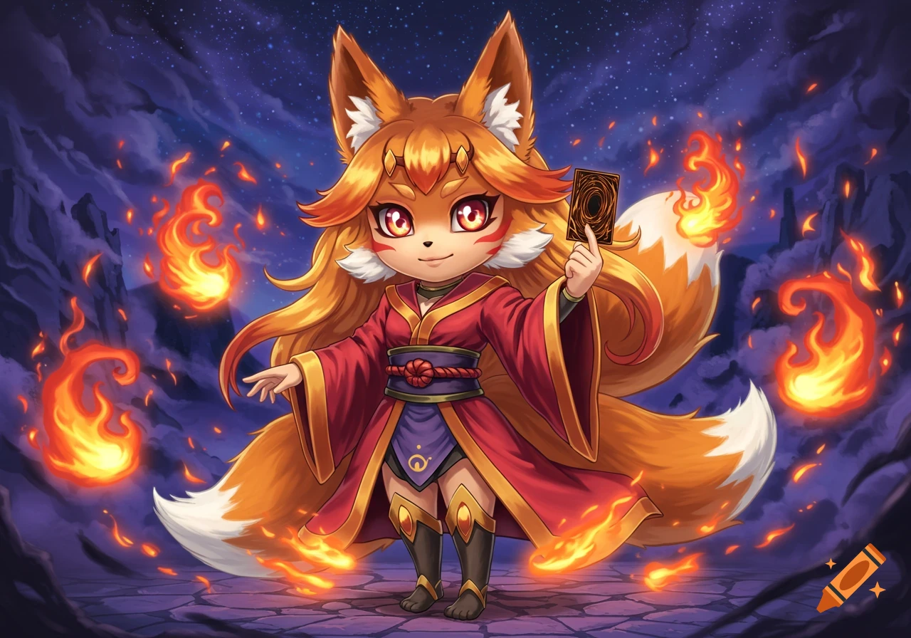 A cute anime fox-girl kitsune in a red kimono, holding a dark card, surrounded by stylized fire under a starry night sky.