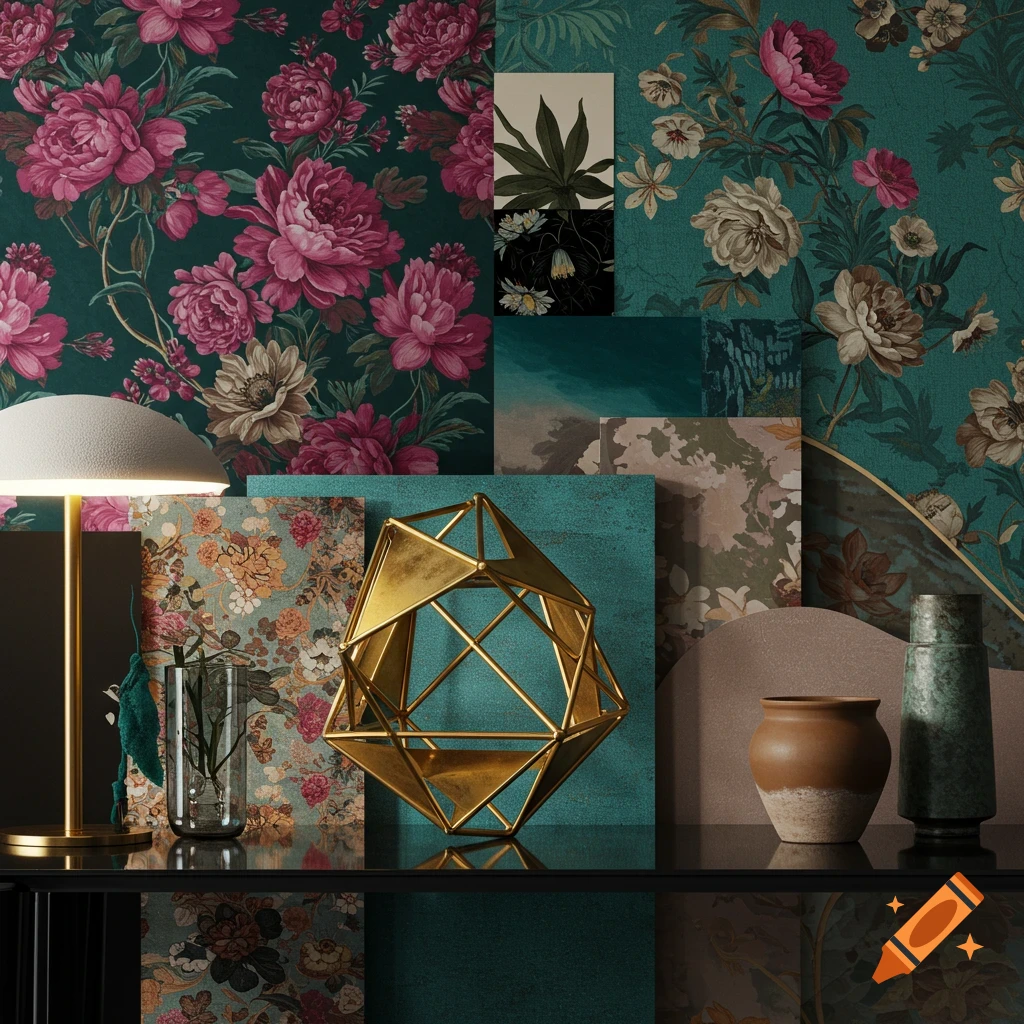 A collection of art design elements including a golden geometric sculpture, a lamp, pottery, and floral patterned backgrounds.