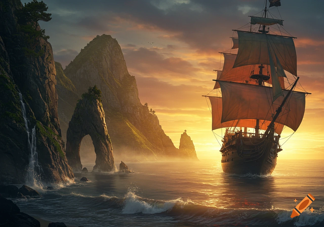 A pirate ship with orange sails sails past towering cliffs with a waterfall and a natural rock arch at sunrise, under an orange and purple sky.