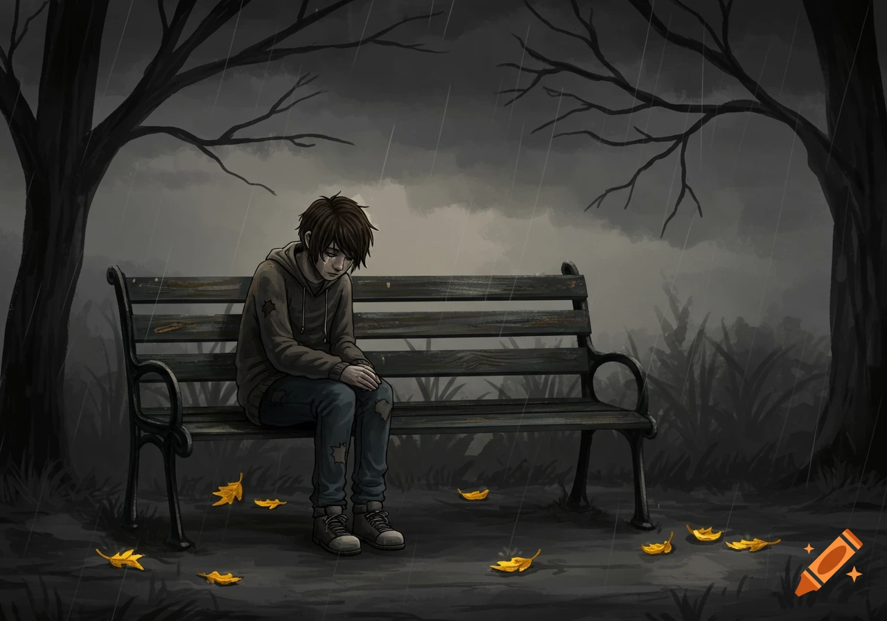 An illustration of a distressed person sitting alone on a park bench in the rain, with fallen yellow leaves.
