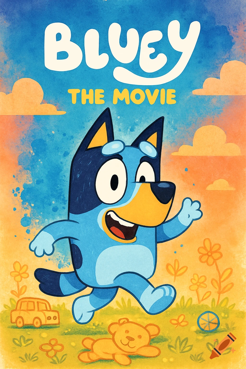 Bluey, a blue cartoon dog, runs and smiles on a colorful movie poster with a stylized sky and grassy foreground and the text "BLUEY THE MOVIE".