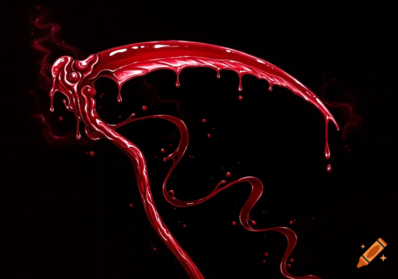 A stylized illustration of a scythe made of vibrant red blood, dripping and forming tendrils, against a dark background.