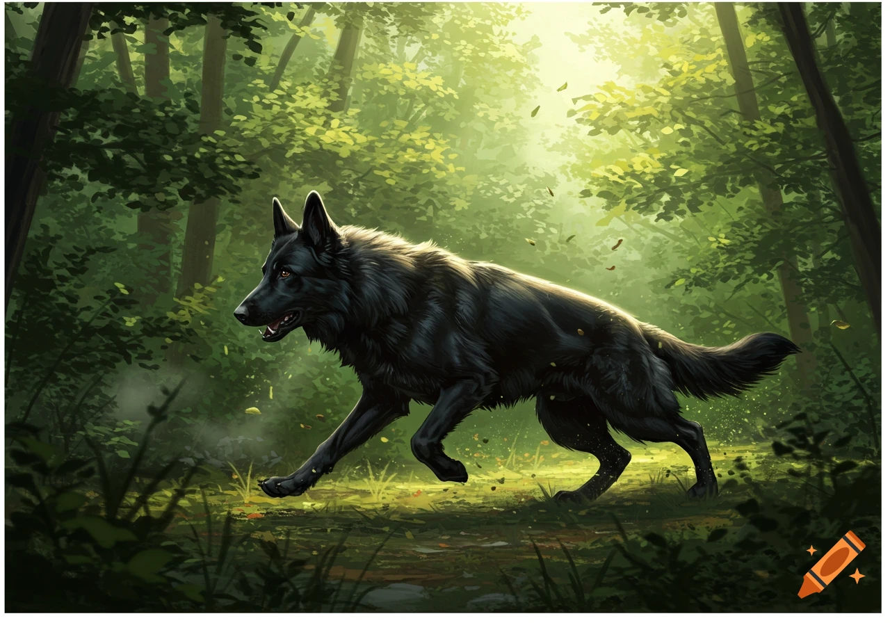 A lifelike black wolf runs through a sunlit, dense forest, captured in a detailed illustration.