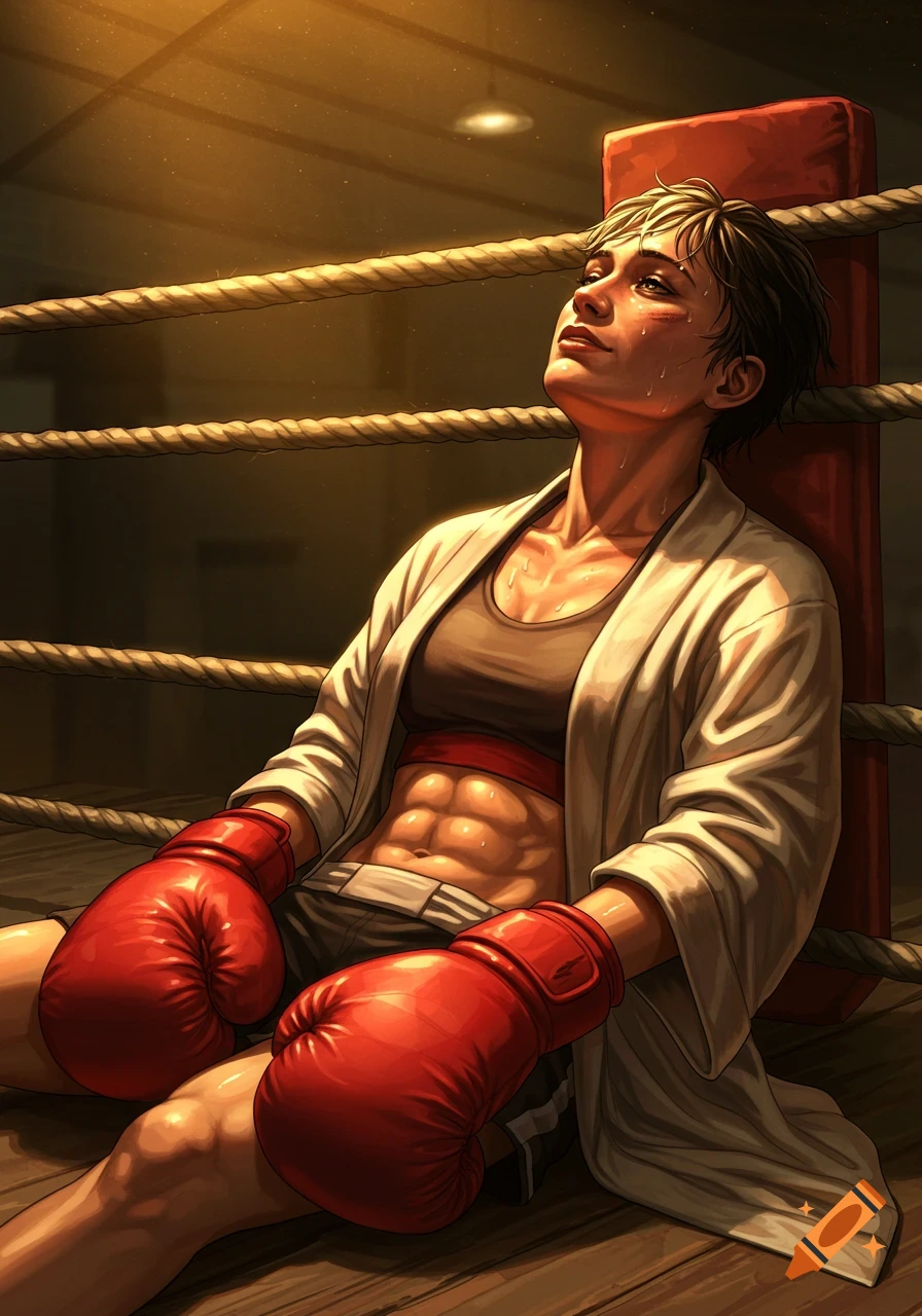 A tired female boxer with red gloves and a white robe rests in a boxing ring, looking up, in a detailed illustration.